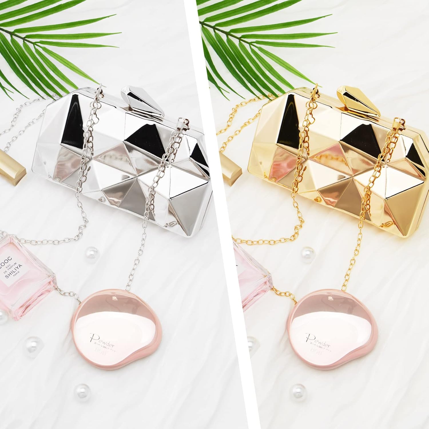 Women Lattice Pattern Metal Evening Clutch Bag,Geometric Evening Clutch Purse Handbag With Chain Strap - Image 5