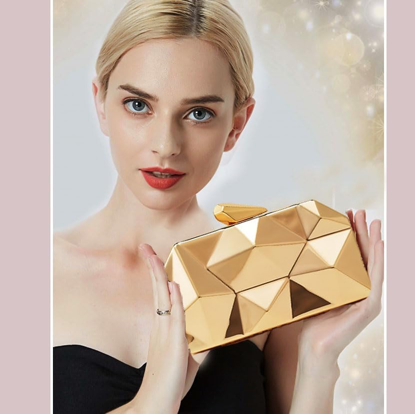 Women Lattice Pattern Metal Evening Clutch Bag,Geometric Evening Clutch Purse Handbag With Chain Strap - Image 6